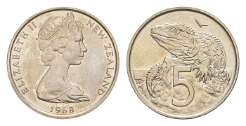 Новая Зеландия 5 центов 1968 Елизавета II (1952-2022), ящерица гаттерия, тираж 35.000 экземпляров KM 34 медно-никель BU 4651-163