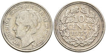 Нидерланды 10 центов 1935 Вильгельмина I (1890-1948) КМ 163 серебро 4160-1236