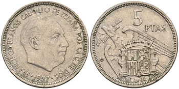 Испания 5 песет 1957 (74) Франсиско Франко (1939 - 1975) KM 786 медно-никель 4155-615