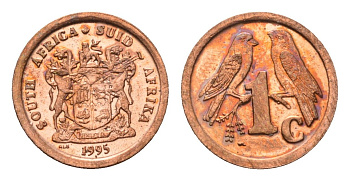 ЮАР 1 цент 1995 герб, капские воробьи KM 132 сталь плакированная медью UNC 4694-134