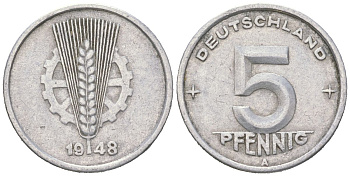 ГДР 5 пфеннигов 1948 A KM 2 алюминий 188-612
