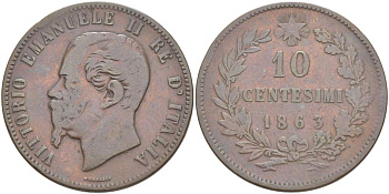 ИТАЛИЯ 10 ЧЕНТЕЗИМО 1863 МОНДВОР ПАРИЖ, ВИКТОР ЭММАНУИЛ II (1861-1878) KM 11.2 медь 4526-732