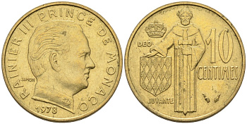 Монако 10 сантимов 1978 Ренье III (1949-2005) KM 142 алюминиевая бронза 4567-627