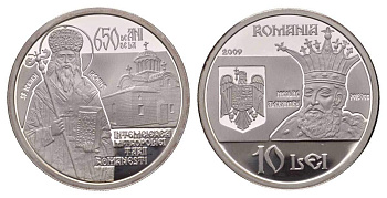 Румыния 10 леев 2009 650 лет первому митрополиту Валахии, тираж 500 экземпляров KM 252 серебро PROOF 11-161-22