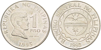 ФИЛИППИНЫ 1 ПИСО 1995 УЧЁНЫЙ ПИСАТЕЛЬ И ПОЭТ ХОСЕ РИСАЛЬ KM 269 медно-никель 4544-546