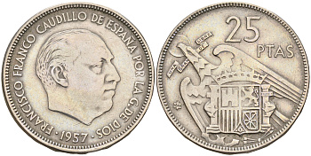 Испания 25 песет 1957 (64) Франсиско Франко (1939-1975) KM 787 медно-никель 4144-213