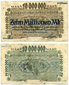 ЭССЕН 10000000 МАРОК (10 МИЛЛИОНОВ) 1923 15 АВГУСТА 1923, СЕРИЯ КРАСНАЯ, НОТГЕЛЬД, КРАСНЫЙ НОМЕР, ЗЕМЛЯ СЕВЕРНЫЙ РЕЙН-ВЕСТФАЛИЯ Arnold Keller 1415d бумага 2193-16-1-2