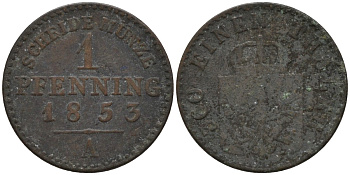 Пруссия 1 пфенниг 1853 A, Фридрих Вильгельм IV (1840-1861) KM 451 медь 4532-147