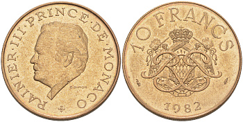 Монако 10 франков 1982 Ренье III (1949-2005) KM 154 медь никель алюминий UNC 190-612