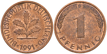 ФРГ 1 пфенниг 1991 G KM 105, J. 380 сталь плакированная медью    4598-666