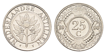 Нидерландские Антильские острова (Нидерландские Антилы) 25 центов 1990 Беатрикс (1980-2013) KM 35 сталь плакированная никелем UNC 4675-855