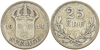 Швеция 25 эре 1914 W, Густав V (1907-1950) KM 785 серебро 3309-854