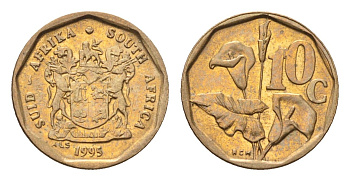 ЮАР 10 центов 1995 герб, цветок алоэ KM 135 сталь плакированная бронзой UNC 4694-719