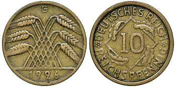 ГЕРМАНИЯ 10 РЕЙХСПФЕННИГОВ 1926 G KM 40, J. 317, Weege 9 алюминиевая бронза 72-1554