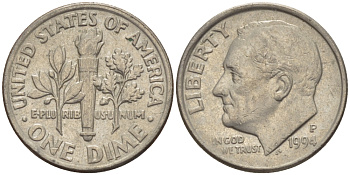 США 10 ЦЕНТОВ = 1 ДАЙМ 1994 P, РУЗВЕЛЬТ KM 195а медь плакированная медно-никелем 66-1127