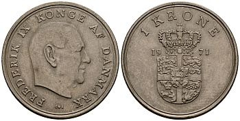 Дания 1 крона 1971 Фредерик IX (1947-1972) KM 852 медно-никель 4176-522