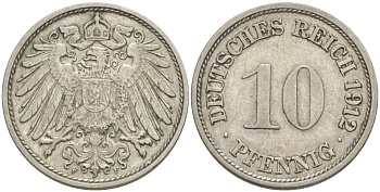 Германия 10 пфеннигов 1912 F KM 12, Jager 13, Weege 8 медно-никель 219-225