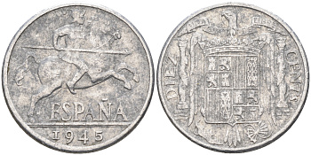 ИСПАНИЯ 10 СЕНТИМО 1945 РЫЦАРЬ НА КОНЕ KM 766 алюминий 4589-856