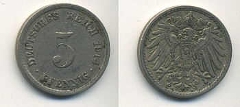 ГЕРМАНИЯ 5 ПФЕННИГОВ 1914 A, KM 11, J. 12 медно-никель 54-215