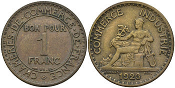 Франция 1 франк 1923 KM 876, Le Franc 218.5 алюминиевая бронза 4142-724