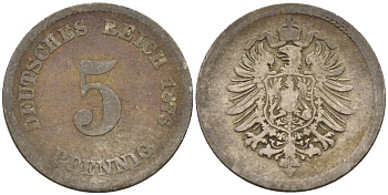 Германия 5 пфеннигов 1876 E, старогербовка KM 3, J. 3 медно-никель 4151-359