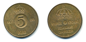 Швеция 5 эре 1965 U, Густав VI Адольф (1950-1973) KM 822 бронза 80-123