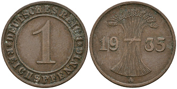 Германия 1 рейхспфенниг 1935 A KM 37, J. 313 бронза 4189-1259
