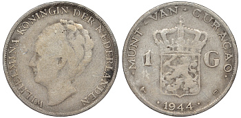 Нидерландское Кюрасао 1 гульден 1944 D, Вильгельмина (1890-1948) KM 45 серебро 36-711