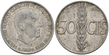 Испания 50 сентимо 1966 (67) Франсиско Франко (1939-1975) KM 795 алюминий 4388-735