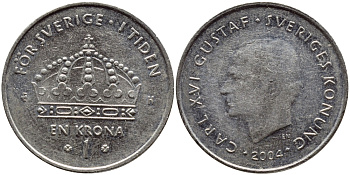 Швеция 1 крона 2004 Карл XVI Густав (1973- ) KM 894 медно-никель 177-135