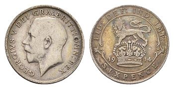 Великобритания 6 пенсов 1914 Георг V (1910-1936) KM 815, Spink 4014 серебро 177-1124