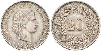 ШВЕЙЦАРИЯ 20 РАППЕНОВ 1958 В KM 29a медно-никель 55-745