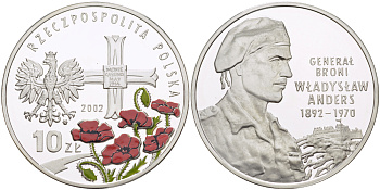 Польша 10 злотых 2002 MW, генерал Владислав Андерс (1892-1970), цветная эмаль KM 441 серебро PROOF 1080-9-54