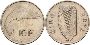 Ирландия 10 пенсов 1973 лосось KM 23 медно-никель 4140-323