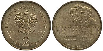 Польша 2 злотых 2009 MW, оборона Вестерплатте в сентябре 1939 года KM 694 латунь 114-443