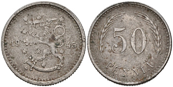 ФИНЛЯНДИЯ 50 ПЕННИ 1945 S KM 26b железо 192-1127