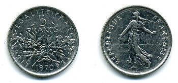 Франция 5 франков 1970 сеятель, тип Semeuse KM 926a.1, Le Franc 341.2 медно-никель плакированный никелем 25-714