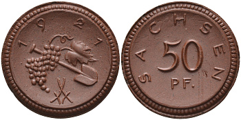 Саксония 50 пфеннигов 1921 виноград и лопата J. N 54 фарфор 1094-5-51