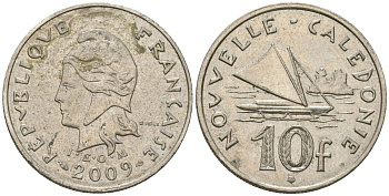 Французская Новая Каледония 10 франков 2009 рыбачья парусная лодка, (IEOM) KM 11a, Schoen 13a, Lec 99k медно-никель 61-1143