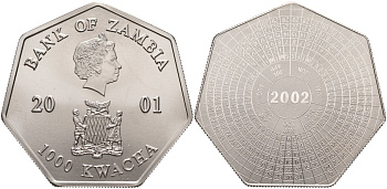 Замбия 1000 квача 2001 календарь, семиугольная KM 74 медно-никель PROOF 1085-8-11
