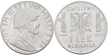 Албания 1 лек 1939 R, год XVIII, Итальянская оккупация, вторая мировая KM 31 нержавеющая сталь 4538-155