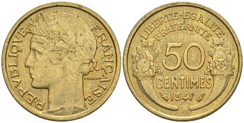 ФРАНЦИЯ 50 САНТИМОВ 1941 ТИП MORLON KM 894.1, LE FRANC 192.18 алюминиевая бронза 44-634