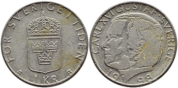 Швеция 1 крона 1998 Карл XVI Густав (1973- ) KM 852a медно-никель 4610-1021