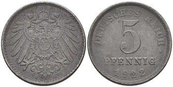 ГЕРМАНИЯ 5 ПФЕННИГОВ 1922 E KM 19, J. 297, Weege 5 железо 206-753