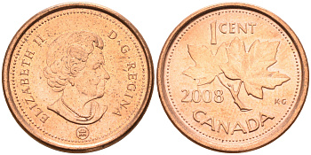 Канада 1 цент 2008 ML, Елизавета II (1952-2022), кленовый лист KM 490а сталь плакированная медью    4147-335