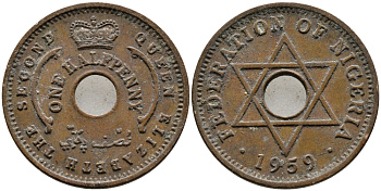Нигерия 1/2 пенни 1959 Елизавета II (1952-), Британский протекторат KM 1 бронза 4387-267