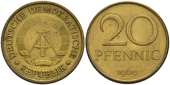 ГДР 20 пфеннигов 1969 A, первый год KM 11 латунь 92-835