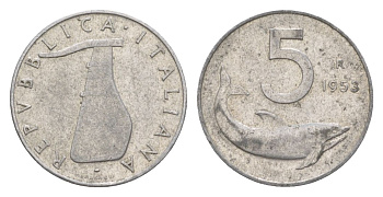 Италия 5 лир 1953 R, дельфин, плуг KM 92 алюминий 4632-542