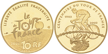 Франция 10 евро 2003 100 лет велогонкам Тур де Франс, велосипедист едет влево KM 1326 золото PROOF 00-811-07