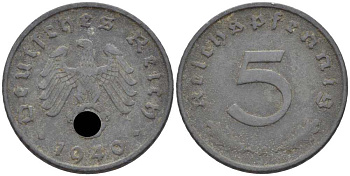 ГЕРМАНИЯ 5 РЕЙХСПФЕННИГОВ 1940 A KM 100, J. 370 цинк 105-225